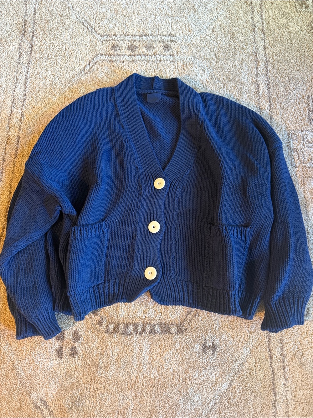 Babaa Navy Blue Cotton Chunky Knit Button Cardigan